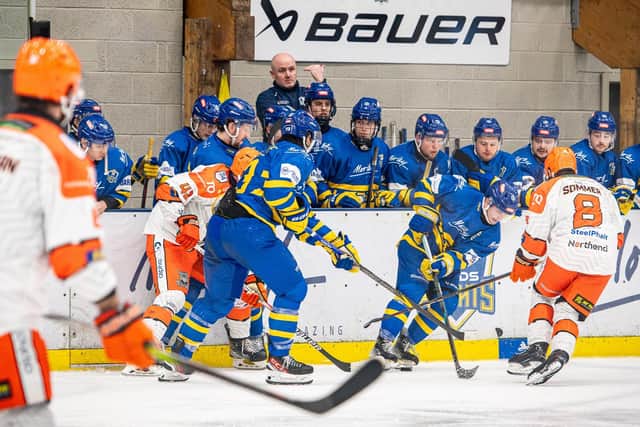 ONWARDS: Ryan Aldridge will be hoping his Leeds Knights team can maintain their push for the NIHL National league title on home ice against Romford Raiders on Friday night. Picture: Ben Gordon/Knights Media.,