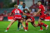 Muizz Mustapha on the ball for Rhinos at Hull KR. Picture by Bruce Rollinson.