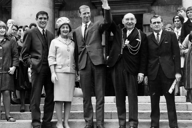 Leeds United's participants in England's triumphant World Cup winning squad are welcomed at a reception at the Civic Hall in August 1966 by the Lord Mayor of Leeds, Alderman Joshua S. Walsh. Pictured, from lefdt, are Norman Hunter, then the Lady Mayoress, Jack Charlton in the centre, the Lord Mayor and finally trainer Les Cocker.