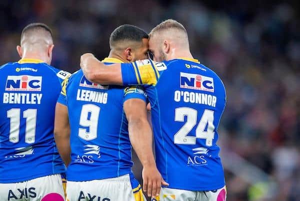 Jarrod O'Connor congratulates Kruise Leeming on his try against in last year's Grand Final. Picture by Allan McKenzie/SWpix.com.