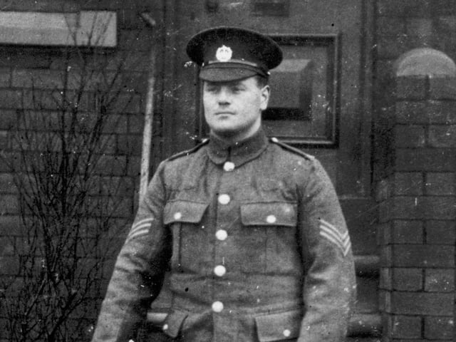 A portrait of Sergeant Arthur Ager (7933) who was born in Hatfield, Essex. He married Rose Bilbrough (later Gildon) of 23 Sugarwell Road in Meanwood in 1914. Sergeant Ager was killed in action on the July 20, 1916, while serving with the 10th Battalion of the Essex Regiment, during the Battle of the Somme. He is buried in Delville Wood Cemetery, Longueval, Somme, France.