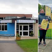 Queensway School, in Yeadon, pictured left and, right, campaigners fighting against its closure (Picture: Victoria Lancaster).