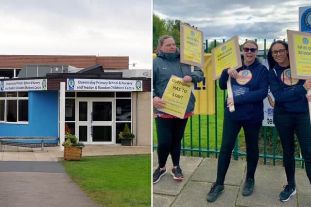 Queensway School, in Yeadon, pictured left and, right, campaigners fighting against its closure (Picture: Victoria Lancaster).