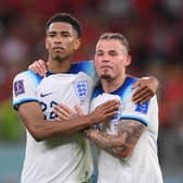 DREAM FULFILLED: As former Leeds United star Kalvin Phillips, right, takes a moment with team mate Jude Bellingham upon being handed a World Cup debut for England in Tuesday night's 3-0 win against Wales in Qatar. Photo by Laurence Griffiths/Getty Images.