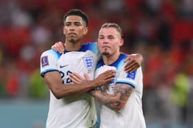DREAM FULFILLED: As former Leeds United star Kalvin Phillips, right, takes a moment with team mate Jude Bellingham upon being handed a World Cup debut for England in Tuesday night's 3-0 win against Wales in Qatar. Photo by Laurence Griffiths/Getty Images.
