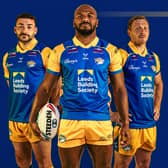 Jake Connor, Maika Sivo and Lachie Miller model Leeds Rhinos' 2027 main kit. Picture by Leeds Rhinos.