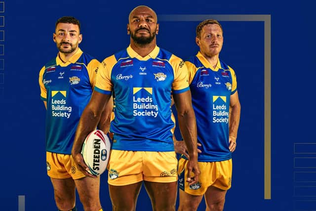 Jake Connor, Maika Sivo and Lachie Miller model Leeds Rhinos' 2027 main kit. Picture by Leeds Rhinos.