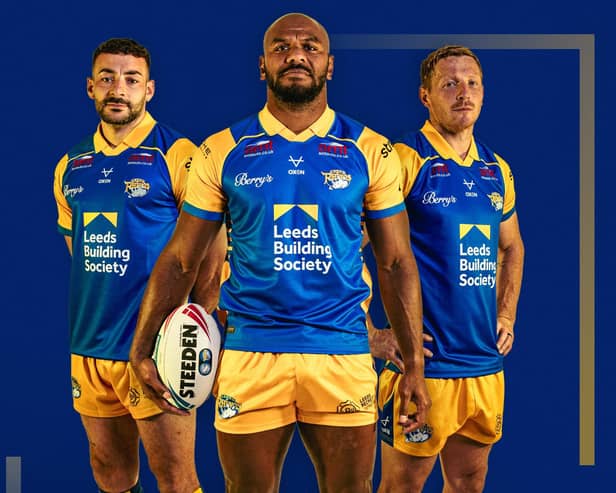 Jake Connor, Maika Sivo and Lachie Miller model Leeds Rhinos' 2027 main kit. Picture by Leeds Rhinos.