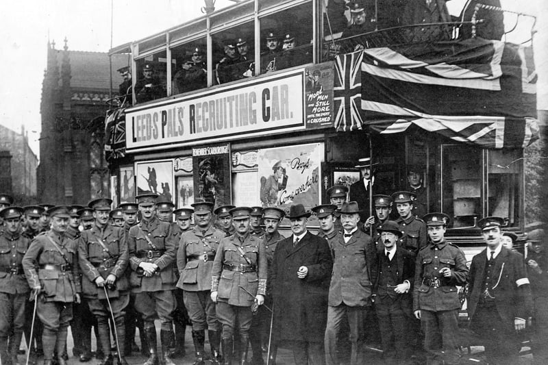 Lieutenant Colonel S.C. Taylor and officers of Leeds Pals stand in front of the decorated tram in the June of 1915. Over 800 recruits passed through the tram, the Leeds Pals recruited approximately 2,000 troops, the average age was 20/21.