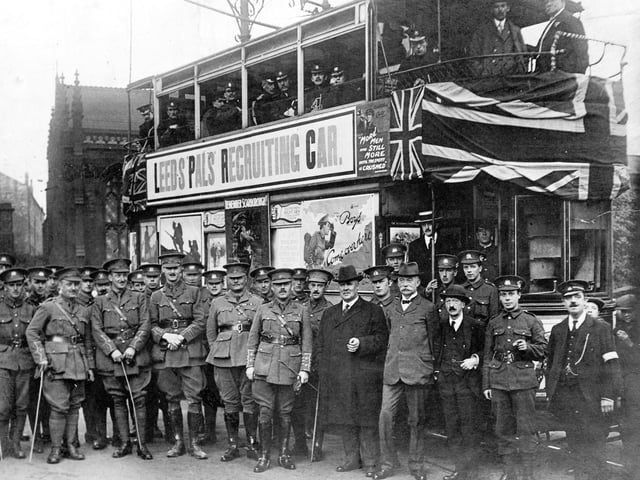 Lieutenant Colonel S.C. Taylor and officers of Leeds Pals stand in front of the decorated tram in the June of 1915. Over 800 recruits passed through the tram, the Leeds Pals recruited approximately 2,000 troops, the average age was 20/21.