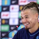 TRADEMARK SMILE: From a grateful Kalvin Phillips, pictured speaking at an England press conference ahead of Saturday evening's World Cup quarter-final against France.
Photo by Alex Pantling/Getty Images.