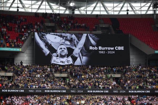 Rob Burrow's face on the big screen at Wembley during a minute's applause in last Saturday's Betfred Challenge Cup final. Picture by Ed Sykes/SWpix.com.