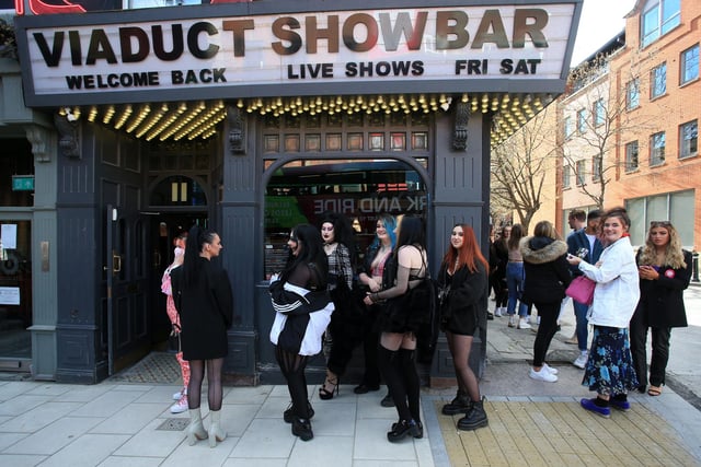 When Covid-19 restrictions were eased in April 2021, people queued to return to venues such as Viaduct Showbar.
