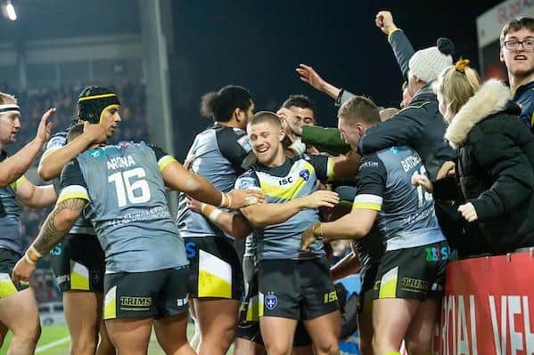Trinity players and fans celebrate Danny Brough's try which helped them to a 35-18 victory in March, 2019 - their most recent Super League win at Headingley. Picture by Allan McKenzie/SWpix.com.