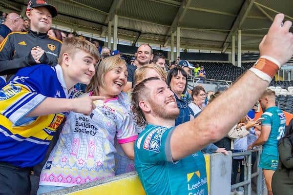 Cameron Smith takes a selfie with fans after this month's victory at Hull FC. Picture by Allan McKenzie/SWpix.com.
