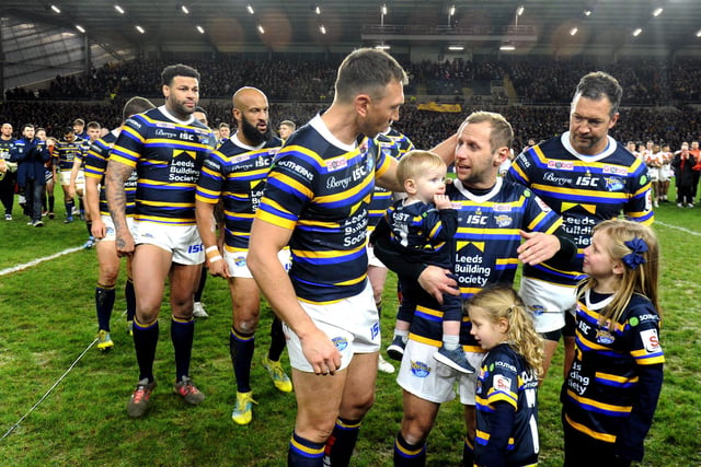 Rob Burrow with former teammates Kevin Sinfield and Danny McGuire after the game.