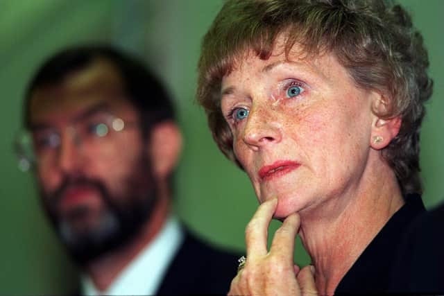 June Hancock pictured at a press conference following the High Court's judgement on the Armley Asbestos case. Sat next to her is Leeds West MP John Battle.