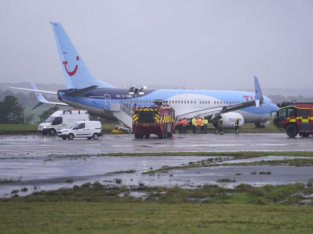 The Tui flight was arriving from Corfu during Storm Babet when it came off the runway on Friday afternoon