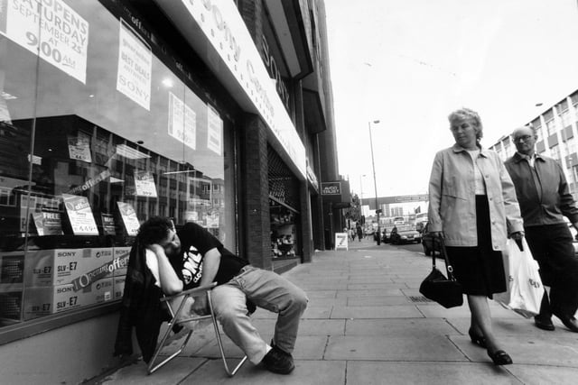 A customer in waiting. David Kelly  from Gipton slept out on the pavement in September 1993 so as to be the first in line for the opening of the largest Sony Centre in Britain. It was on Vicar Lane in Leeds city centre.