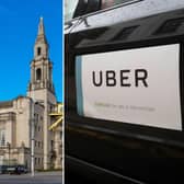 Leeds Civic Hall, left, and an Uber private hire taxi.