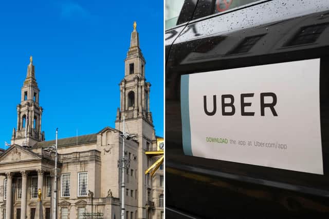 Leeds Civic Hall, left, and an Uber private hire taxi.