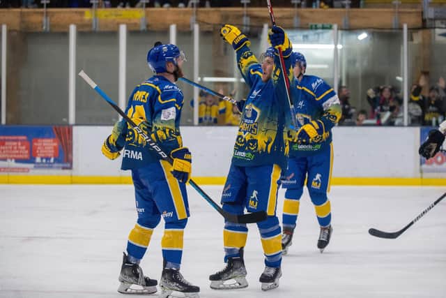 VETERAN PRESENCE: Matt Haywood celebrates scoring his second goal and Leeds Knights' third - in last Friday's 6-1 thrashing of NIHL National rivals Milton Keynes Lightning. Picture: Bruce Rollinson
