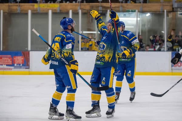 VETERAN PRESENCE: Matt Haywood celebrates scoring his second goal and Leeds Knights' third - in last Friday's 6-1 thrashing of NIHL National rivals Milton Keynes Lightning. Picture: Bruce Rollinson