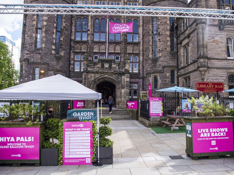 "A massive mini-Fringe under one roof," Guilded Balloon takes place in a neo-Gothic castle space, with nine performances spaces and six bars. It also has a benched garden area with bar, food stalls, and a cafe.