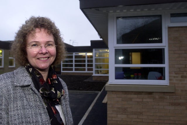 Headteacher at Jan Gasper outside the new infant block at Otley All Saints School in May 2003.