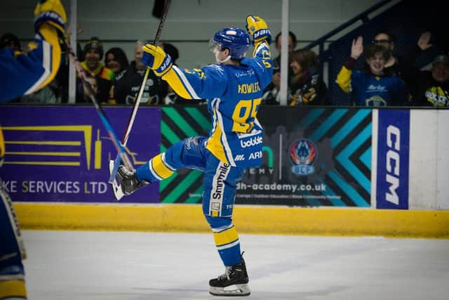 DOUBLE TROUBLE: Mac Howlett celebrates scoring Leeds Knights' second goal against Swindon Wildcats. Picture courtesy of Chris Callaghan.