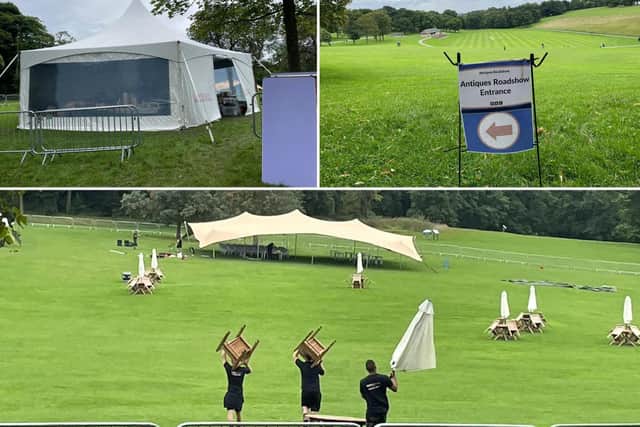 Organisers and staff from BBC One's Antiques Roadshow pictured setting up for filming at Roundhay Park in Leeds, near Lakeside Cafe.