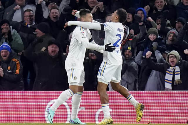 'FORTITUDE': Shown by Leeds United against Championship visitors Swansea City at Elland Road, above, to quickly recover from conceding an early goal as Joel Piroe, left,  celebrates drawing the Whites level with teammate Georginio Rutter. Photo by Danny Lawson/PA Wire.