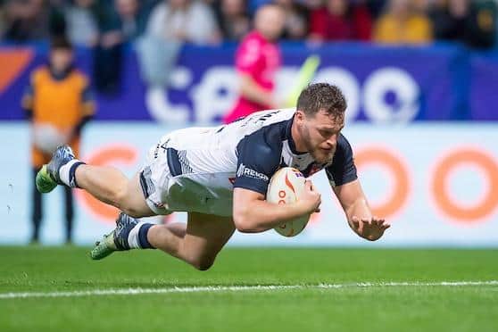 Elliott Whitehead scores for England in the win over France. Picture by Allan McKenzie/SWpix.com.
