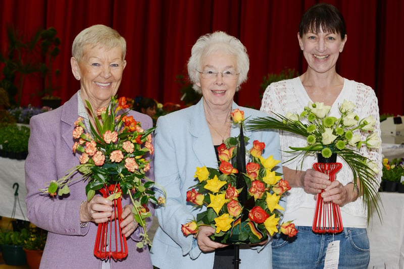 Winner of the "World Cup" flower display category was Jean  Wishart (centre). Joining her were Pamela Davis (right) and Margaret Vasey who excelled in the candlestick arrangement section at the Sunderland Annual Horticultural Show at the Seaburn Centre in 2014.