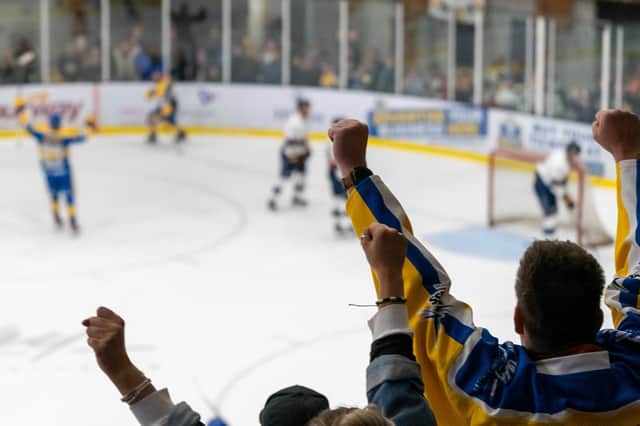 GOING STRONG: Leeds Knights' fans celebrate a goal for the home team during Sunday's NIHL National clash at Elland Road Ice Arena against Raiders IHC Picture courtesy of Oliver Portamento.