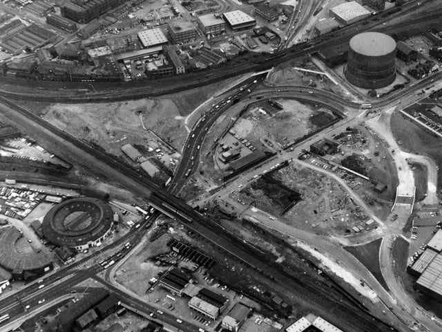 A bird's eye view of new roundabout system on Wellington Road in September 1977.
