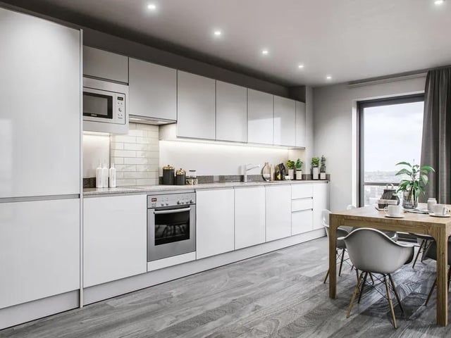 Apartments boast a modern kitchen complete with fully integrated appliances including a fridge freezer, dishwasher, a four zone induction hob and oven. The ultra slim solid laminate worktops are fitted with bright led lighting. It includes a stainless steel sink, splashback and a twin lever mixer tap in chrome.
