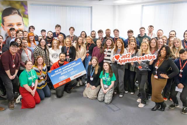 Rylan Clark with the Jet2 apprentices and NSPCC representatives
