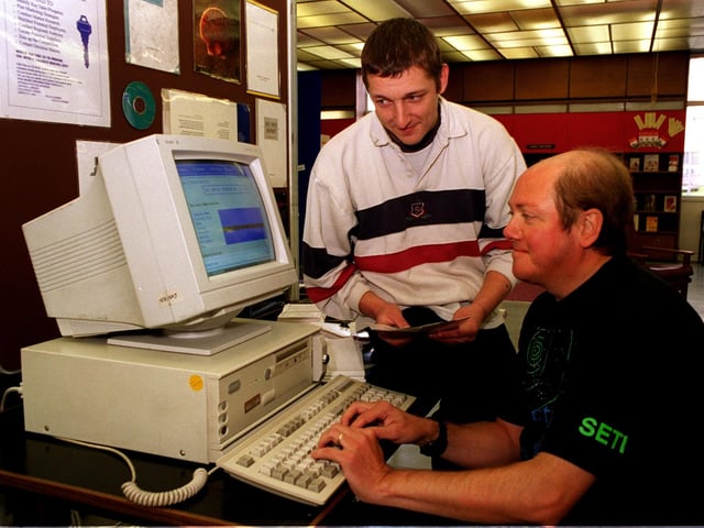 October 1996 and Seacroft Library held 'Inform', a two day event organised by Leeds Library and Information Service, aimed at highlighting information resources in the city. Pictured are jobseekers Victor Edwards (left) and Alan Hood (right), both members of Seacroft Jobs Club.