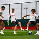 STRAIGHT TO IT: Mason Mount, second from left, training with his new Manchester United team mates, left to right, of Amad, Hannibal Mejbri and Raphael Varane at Carrington Training Ground on Monday ahead of Wednesday's pre-season friendly against Leeds United in Oslo. Photo by Ash Donelon/Manchester United via Getty Images.