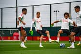 STRAIGHT TO IT: Mason Mount, second from left, training with his new Manchester United team mates, left to right, of Amad, Hannibal Mejbri and Raphael Varane at Carrington Training Ground on Monday ahead of Wednesday's pre-season friendly against Leeds United in Oslo. Photo by Ash Donelon/Manchester United via Getty Images.