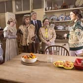From left, The Captain (Ben Willbond), Kitty (Lolly Adefope), Thomas Thorne (Matthew Baynton), Lady Button (Martha Douglas-Howe), RObin (Laurence Rickard), Julian (Simon Farnaby) and Pat (Jim Howick) with their friend from the world of the living Alison (Charlotte Ritchie) (Picture: BBC/Monumental/Guido Mandozzi)