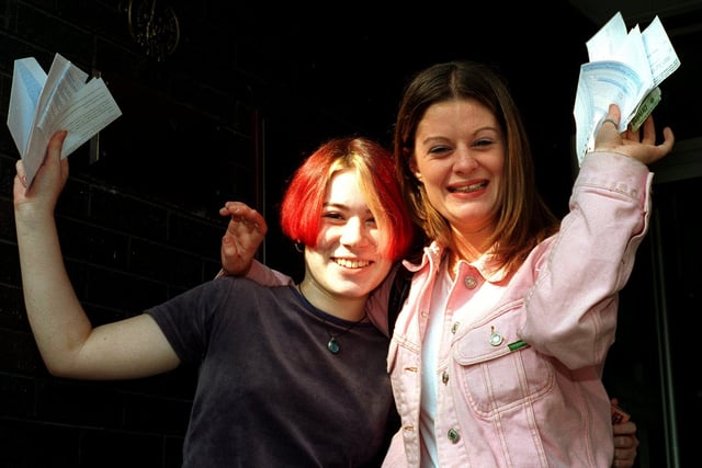 Park Lane College students Sarah Pymer (left) from Selby and Hazel Clerkin from Horsforth celebrate success in August 1996.