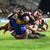 Muizz Mustapha scores a memorable try to complete Leeds' big home win over Wigan in July.  Picture by Jonathan Gawthorpe.