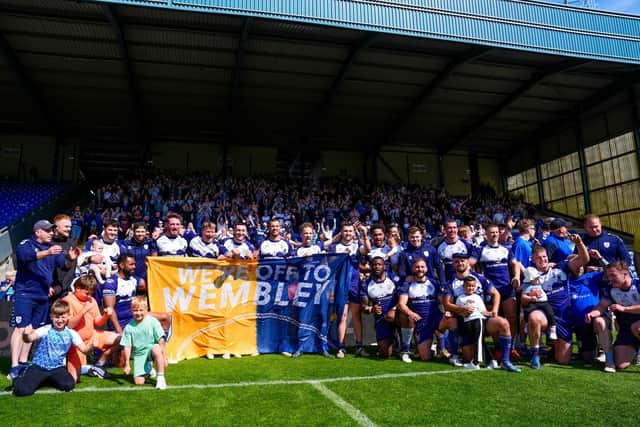 Featherstone Rovers celebrate their 1895 Cup semi-final win at Oldham in May which took them to Wembley. Picture by Olly Hassell/SWpix.com.