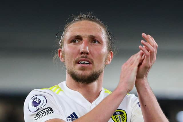 LONDON, ENGLAND - APRIL 25:  Luke Ayling of Leeds applauds the fans after the Premier League match between Crystal Palace and Leeds United at Selhurst Park on April 25, 2022 in London, United Kingdom. (Photo by Craig Mercer/MB Media/Getty Images)