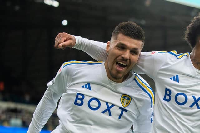 Joel Piroe celebrates scoring Leeds opening goal with Georginio Rutter.Leeds United v Watford FC.  SkyBet Championship.  Elland Road StadiumPicture Bruce Rollinson23 Septemer 2023.