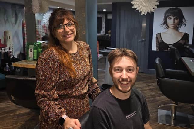 Josh Britton with hairdresser Martina Stanton at Joseph Ferraro Hair, Harrogate.