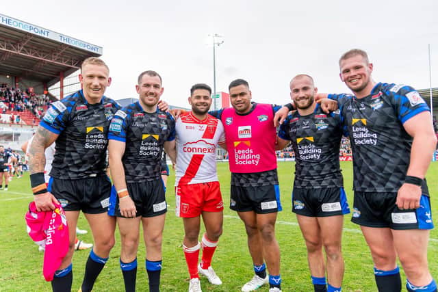 Hull KR's Rhyse Martin, third from left, with former Leeds Rhinos teammates Mikolaj Oledzki, Cameron Smith, Sam Lisone, Jarrod O'Connor and Tom Holroyd following lastmonth's game between the sides at Sewell Group Craven Park. Picture by Allan McKenzie/SWpix.com.