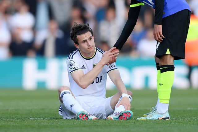 LEEDS, ENGLAND - MAY 28: Brenden Aaronson of Leeds United looks dejected after their sides defeat, resulting in their relegation to the Championship during the Premier League match between Leeds United and Tottenham Hotspur at Elland Road on May 28, 2023 in Leeds, England. (Photo by Stu Forster/Getty Images)